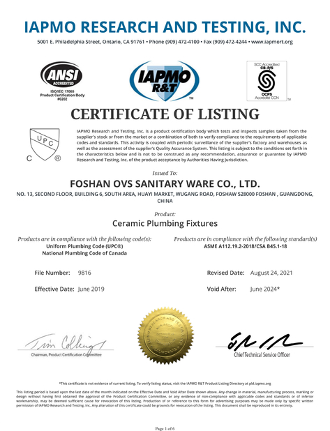 चीन Foshan OVC Sanitary Ware Co., Ltd प्रमाणपत्र